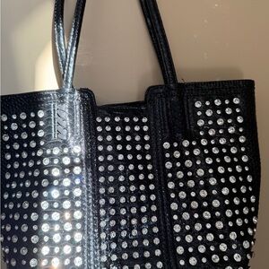 Black Rhinestone Studded Handbag Croc Embossed Patent Shoulder Bag Y2K Glamorous